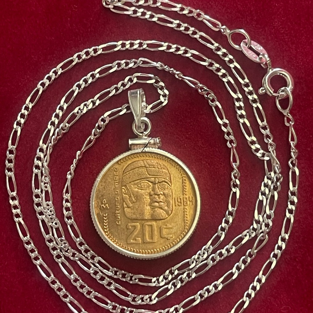 Mexico vintage bronze coin pendant necklace